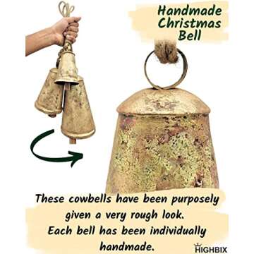 HIGHBIX Set of 3 Giant Harmony Cow Bells Huge Vintage Handmade Rustic Lucky Christmas Hanging Cone Bells (X-Large)
