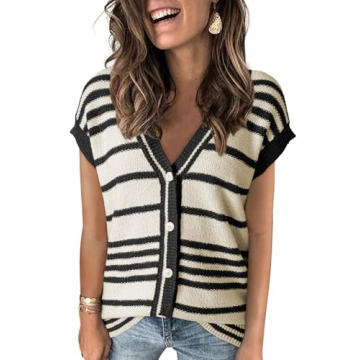 Dokotoo Sweater Vest Striped V Neck Button Vest for Women Open Front Summer Sweaters for Women Sprin...