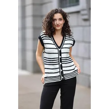 Dokotoo Sweater Vest Striped V Neck Button Vest for Women Open Front Summer Sweaters for Women Spring Tops for Women 2025 Black Large
