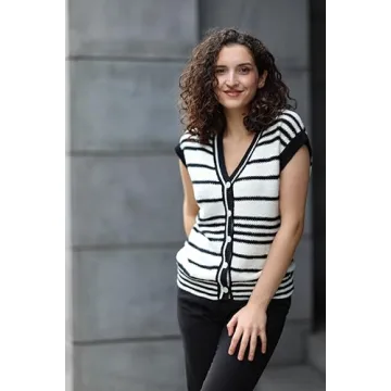 Dokotoo Sweater Vest Striped V Neck Button Vest for Women Open Front Summer Sweaters for Women Spring Tops for Women 2025 Black Large