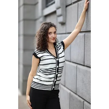 Dokotoo Sweater Vest Striped V Neck Button Vest for Women Open Front Summer Sweaters for Women Spring Tops for Women 2025 Black Large