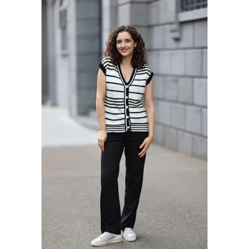 Dokotoo Sweater Vest Striped V Neck Button Vest for Women Open Front Summer Sweaters for Women Spring Tops for Women 2025 Black Large
