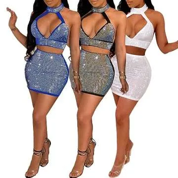 PORRCEY Women's Two-Piece Sexy Hot Drilling Craft Dress Party Club Evening Dress(F70,Black,L)