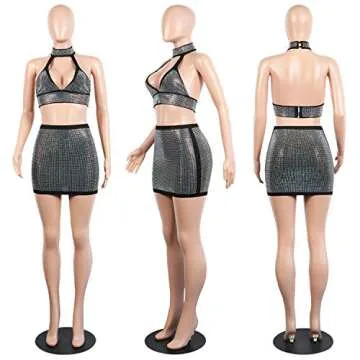 PORRCEY Women's Two-Piece Sexy Hot Drilling Craft Dress Party Club Evening Dress(F70,Black,L)