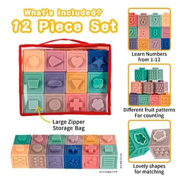 SpringFlower Baby Soft Stacking Blocks, Baby Toys for 0 6 9 12 Months, Baby Teething Building Blocks, Educational Sensory Toys Gifts for Toddlers 1-3, 12pcs