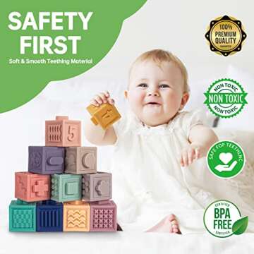 SpringFlower Baby Soft Stacking Blocks, Baby Toys for 0 6 9 12 Months, Baby Teething Building Blocks, Educational Sensory Toys Gifts for Toddlers 1-3, 12pcs