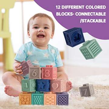 SpringFlower Baby Soft Stacking Blocks, Baby Toys for 0 6 9 12 Months, Baby Teething Building Blocks, Educational Sensory Toys Gifts for Toddlers 1-3, 12pcs