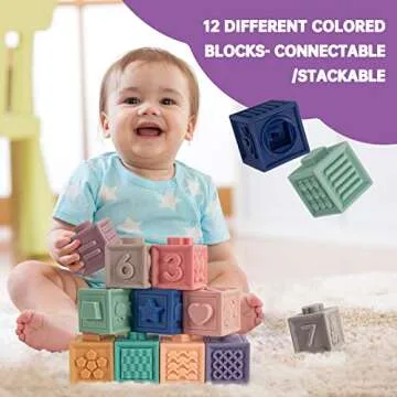 SpringFlower Baby Soft Stacking Blocks, Baby Toys for 0 6 9 12 Months, Baby Teething Building Blocks, Educational Sensory Toys Gifts for Toddlers 1-3, 12pcs