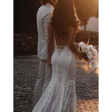 Yxdress Beach Sexy Boho Wedding Dresses Mermaid/Trumpet V Neck Sleeveless Court Train Lace Appliques...