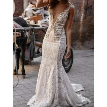 Yxdress Beach Sexy Boho Wedding Dresses Mermaid/Trumpet V Neck Sleeveless Court Train Lace Appliques Bridal Gowns 2023 Ivory, 10