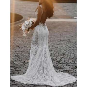 Yxdress Beach Sexy Boho Wedding Dresses Mermaid/Trumpet V Neck Sleeveless Court Train Lace Appliques Bridal Gowns 2023 Ivory, 10