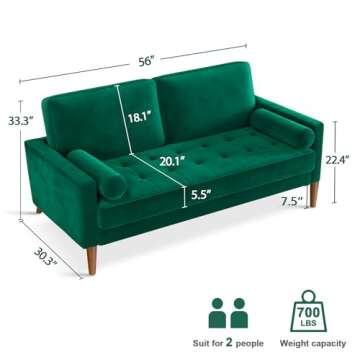 Vesgantti 56" Green Velvet Couch, Comfy Sofa Couch with Spring Cushions, Loveseat Sofa for Bedroom, Sturdy Wooden Small Couch for Small Spaces, Modern 2 Seater Sofa with Tufted Seat, Living Room Couch