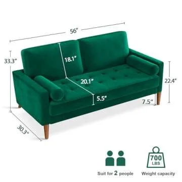 Vesgantti 56" Green Velvet Couch, Comfy Sofa Couch with Spring Cushions, Loveseat Sofa for Bedroom, Sturdy Wooden Small Couch for Small Spaces, Modern 2 Seater Sofa with Tufted Seat, Living Room Couch