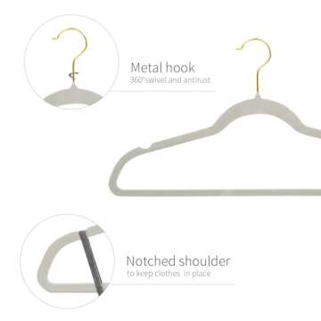ManGotree Velvet Hangers, Coat & Suite Hangers, No-Slip Felt Hangers, Ultra-Slim Space Saving Hangers, Sturdy Clothes Hangers, 360° Swivel Golden-Plated Hook, 36 Pack (Gray)
