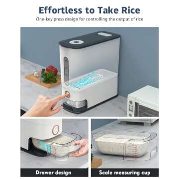 Lenwi 26.5 Lbs Rice Dispenser, Large Rice Container with Scale Measuring Cup, BPA-Free Household Rice Storage Container with Time Scale, for Home Kitchen Pantry Organization