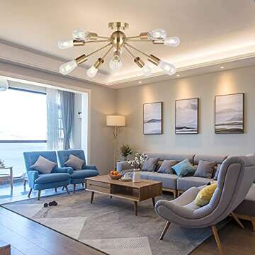 BONLICHT Modern Sputnik Chandelier Lighting 10 Lights Brushed Brass Semi Flush Mount Ceiling Light G...