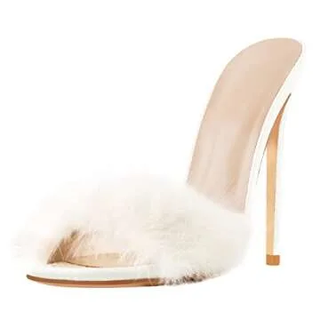Richealnana Women's Fuzzy Heels Sandals Peep Toe Mule Slip On Stiletto High Heels Slide Sandal Daily Prom Party Pointed Toe Shoes White Size 10