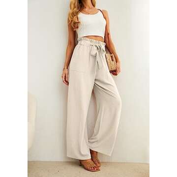 IWOLLENCE Wide Leg Pants for Women with Pockets High Waist Adjustable Knot Loose Casual Trousers Business Work Casual Pants Ivory White Small