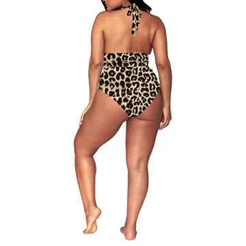 Women's 2 Pieces Plus Size Swimwear High Waist Halter Bikini Swimsuits Brown Leopard 4XL