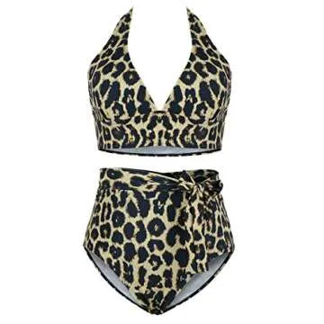 Women's 2 Pieces Plus Size Swimwear High Waist Halter Bikini Swimsuits Brown Leopard 4XL