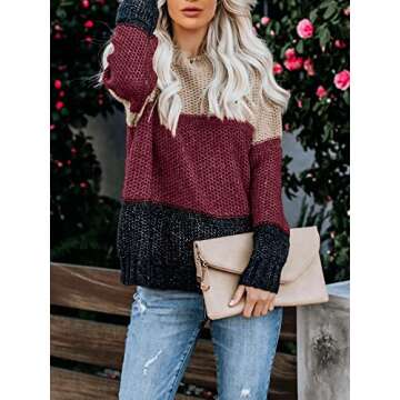 Ybenlow Fall Sweaters for Women Casual Long Sleeve Crewneck Chunky Cable Knit Pullover Sweater Jumper Tops (Small, Burgundy)