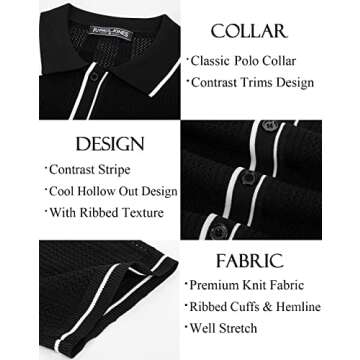 PJ PAUL JONES Men's Short Sleeve Knit Shirt Mesh Breathable Summer Polo Shirt Slim Fit 60s Italian Knitted Polo Shirts Black M