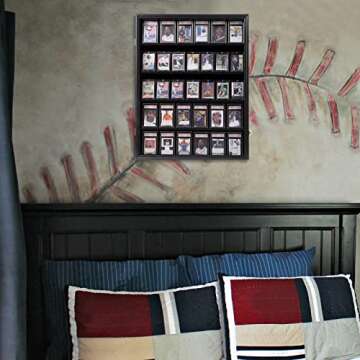 VERANI Baseball Card Display Case - 35 Graded Sports Card Display Frame - Holds Sport Cards with UV Protection Clear View Lockable Wall Cabinet for Football Basketball Hockey Trading Card, Large Black