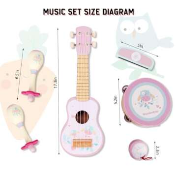 WoodenEdu Kids Guitar for Girls, Wooden Musical Instruments Toys with Ukulele, Tambourine, Maracas, Harmonica, Mini Band Sets for Toddlers 2 3 Years Old Birthday Gift (Pink for Girls)
