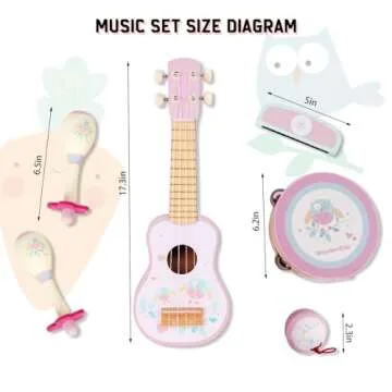 WoodenEdu Kids Guitar for Girls, Wooden Musical Instruments Toys with Ukulele, Tambourine, Maracas, Harmonica, Mini Band Sets for Toddlers 2 3 Years Old Birthday Gift (Pink for Girls)