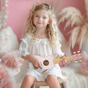 WoodenEdu Kids Guitar for Girls, Wooden Musical Instruments Toys with Ukulele, Tambourine, Maracas, Harmonica, Mini Band Sets for Toddlers 2 3 Years Old Birthday Gift (Pink for Girls)