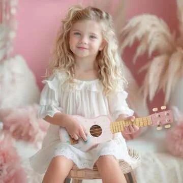 WoodenEdu Kids Guitar for Girls, Wooden Musical Instruments Toys with Ukulele, Tambourine, Maracas, Harmonica, Mini Band Sets for Toddlers 2 3 Years Old Birthday Gift (Pink for Girls)