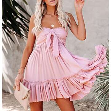 R.Vivimos Women's Summer Cotton Boho Beach Sleeveless Tie Front Mini Dress Tube Top Dress (Small, Pink)