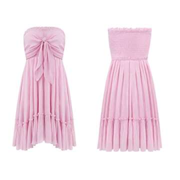 R.Vivimos Women's Summer Cotton Boho Beach Sleeveless Tie Front Mini Dress Tube Top Dress (Small, Pink)