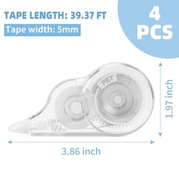 JEFURE 4 Pcs 39.4 Ft Correction Tape, Tear-Resistant Tape Bulk for School, Office, Note Taking, Jour...