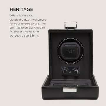 WOLF Heritage Single Winder with Glass Cover, Black - Secure Fit with Patented Lock-in Dynamic Cuff ...