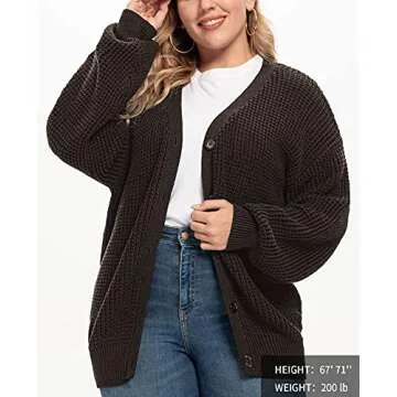 QUALFORT Women's Cardigan Sweater 100% Cotton Button-Down Long Sleeve Oversized Knit Outerwear Coats Brown Large