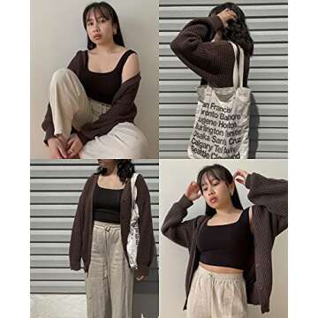 QUALFORT Women's Cardigan Sweater 100% Cotton Button-Down Long Sleeve Oversized Knit Outerwear Coats Brown Large