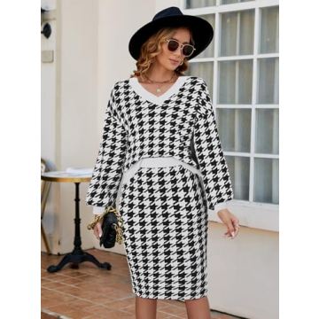 Pink Queen Women Sweater Sets 2 Piece Knit Outfit Work Holiday High Waist Bodycon Midi Skirts Dress Houndstooth Black M