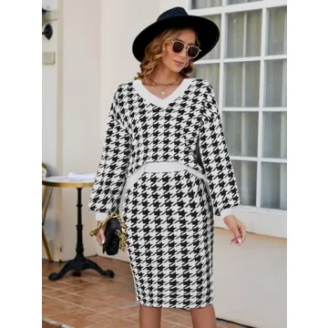 Pink Queen Women Sweater Sets 2 Piece Knit Outfit Work Holiday High Waist Bodycon Midi Skirts Dress Houndstooth Black M