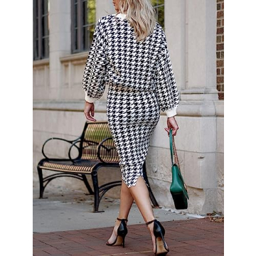 Pink Queen Women Sweater Sets 2 Piece Knit Outfit Work Holiday High Waist Bodycon Midi Skirts Dress Houndstooth Black M