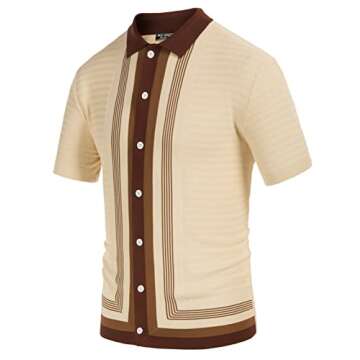 PJ PAUL JONES Mens Lapel Collar Retro Striped Polo Shirts Shorts Sleeve Knit 70s Style Shirts Beige ...