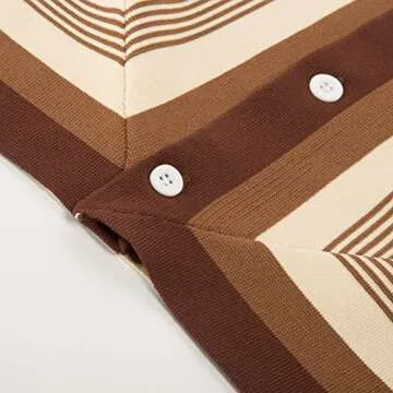 PJ PAUL JONES Mens Lapel Collar Retro Striped Polo Shirts Shorts Sleeve Knit 70s Style Shirts Beige L