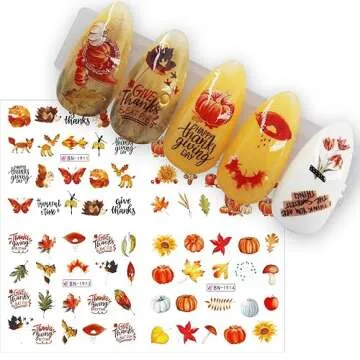 Fall Nail Stickers Thanksgiving Day Water Transfer Nail Decals Yellow Maple Leaves Fall Design Nail Art Stickers 12 Sheets Nail Art Supplies Cartoon Pumpkin Nail Art Decals for Women DIY Manicure