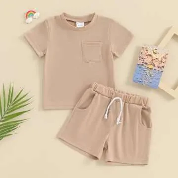 citgeett Toddler Baby Boy Girl Summer Outfits Cotton Short Sleeve Solid T-shirt Top Casual Shorts Ne...