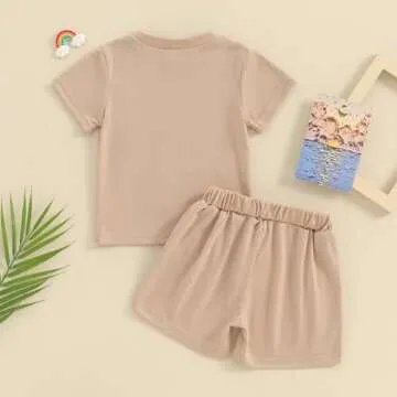 citgeett Toddler Baby Boy Girl Summer Outfits Cotton Short Sleeve Solid T-shirt Top Casual Shorts Neutral Spring Clothes (Khaki, 0-6 Months)