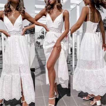 BerryGo Women's Embroidery Pearl Button Down Dress V Neck Backless Maxi Dress White-L