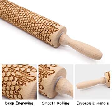 Kitticcino Embossed Rolling Pins for Cookies Christmas Engraved Rolling Pins for Baking Wooden Cute Rolling Pin for Baking Cookies and Decor Christmas Baking Supplies Holiday Birthday Gifts
