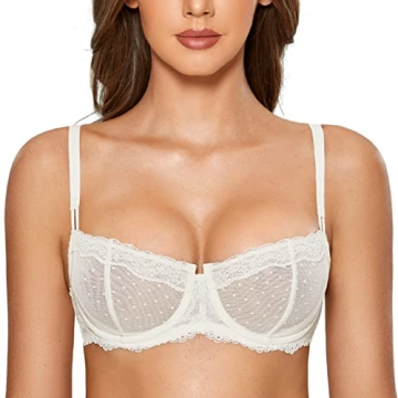 DOBREVA Women's Sexy Lace Bra Underwire Balconette Unlined Demi Sheer Plus Size Ivory 34DD