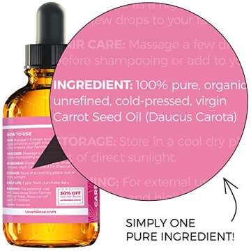 Leven Rose Carrot Seed Oil Pure Unrefined Cold Pressed Moisturizer for Hair Skin and Nails 1 oz