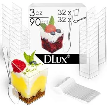 DLux 32 x 3 oz Mini Dessert Cups with Spoons, Square Slanted - Clear Plastic Parfait Appetizer Cup -...